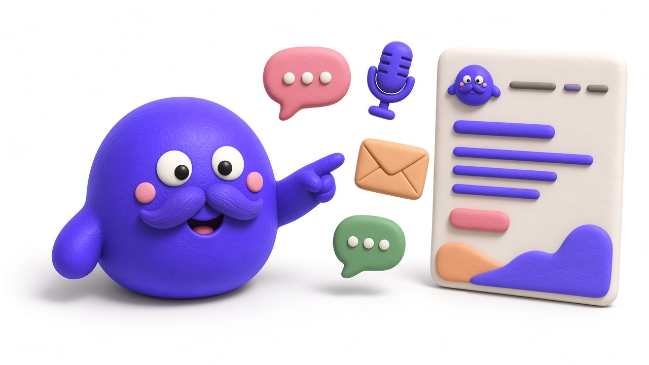 Freddie pointing at chat, email, text, and voice ways to get a simple site